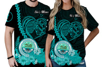 Custom FSM Valentine Couple T Shirt Heart Love Tropical Flowers Turquoise LT14 - Polynesian Pride