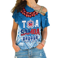 (Custom Personalise Text and Number) Toa Samoa Rugby Cross Shoulder Shirt Manu Siva Tau Style Ulafala LT13 Female Blue - Polynesian Pride