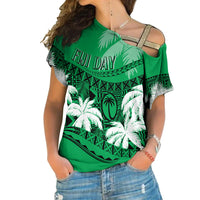 Personalised Fiji Day Cross Shoulder Shirt Flying Fijians Masi Kesa Style - Green LT7 Female Green - Polynesian Pride