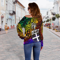 Fiji Custom Personalised Women's Off Shoulder Sweater - Rainbow Polynesian Pattern - Polynesian Pride