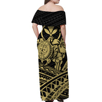 Hawaii Turtle With Hibiscus Tribal Off Shoulder Dress Gold - LT12 - Polynesian Pride