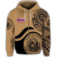 Hawaii Coat of Arms Zip Hoodie Waveshape Style Gold - Polynesian Pride