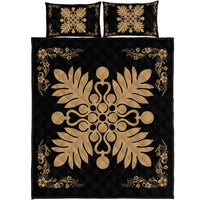 Hawaiian Quilt Maui Plant And Hibiscus Pattern Quilt Bed Set - Gold Black - AH Gold - Polynesian Pride