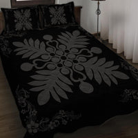 Hawaiian Quilt Maui Plant And Hibiscus Pattern Quilt Bed Set - Gray Black - AH - Polynesian Pride