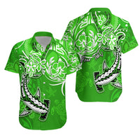 Custom Matching Hawaiian Outfits For Couples Polynesia Green Sea Turtle Honu and Hammerhead Shark Dress and Hawaiian Shirt LT13 - Polynesian Pride