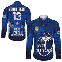 (Custom Text and Number) Fiji Rugby Hawaii Long Sleeve Button Shirt Flying Fijians Blue Tapa Pattern LT13 Unisex Blue - Polynesian Pride