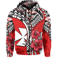 Custom Wallis et Futuna Hoodie Polynesian Pattern and Hibiscus Flowers Version Red LT13 Zip Hoodie Red - Polynesian Pride