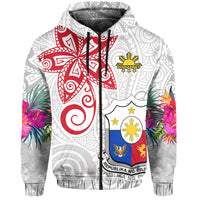 Custom Philippines Hoodie Sun Filipino Polynesian mix Flowers White Vibe LT13 Zip Hoodie White - Polynesian Pride
