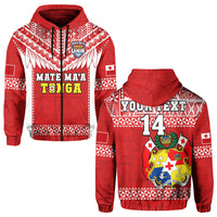 (Custom Text and Number) Tonga Rugby Hoodie Mate Maa Tonga Pacific Ngatu White LT14 Zip Hoodie Red - Polynesian Pride