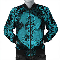 Hawaii Anchor Hibiscus Flower Vintage Bomber Jacket - AH - Blue Black Unisex - Polynesian Pride
