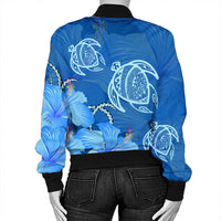 Hawaii Blue Hibiscus Turtle Polynesian Bomber Jacket - AH - Polynesian Pride