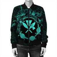 Hawaii Kanaka Turtle Hibiscus Polynesian Bomber Jacket - Anthea Style Turquoise - AH - Polynesian Pride