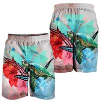 Hawaii Map Kanaka Sea Turtle Hibiscus Men's Shorts - AH - Blue Pink - Polynesian Pride