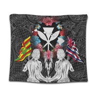 Hawaii Map Kanaka Two Men Holding Flag Tapestry - AH Wall Tapestry Black - Polynesian Pride
