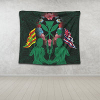 Hawaii Map Kanaka Two Men Holding Flag Tapestry Green - AH - Polynesian Pride