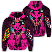 Hawaii Map Kanaka Two Men Holding Flag Zip Hoodie Pink Unisex Art - Polynesian Pride