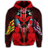 Hawaii Map Kanaka Two Men Holding Flag Zip Hoodie Red - Polynesian Pride