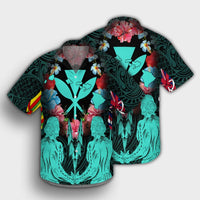 Hawaii Map Kanaka Two Men Holding Flag Hawaiian Shirt Turquoise - AH - Polynesian Pride