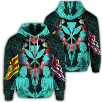 Hawaii Map Kanaka Two Men Holding Flag Zip Hoodie Turquoise Unisex Art - Polynesian Pride