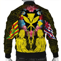 Hawaii Map Kanaka Two Men Holding Flag Bomber Jacket Yellow - AH - Polynesian Pride
