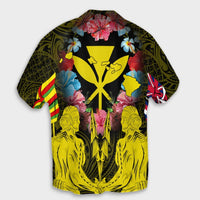 Hawaii Map Kanaka Two Men Holding Flag Hawaiian Shirt Yellow - AH - Polynesian Pride