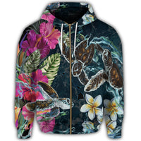 Hawaii Map Turtle Swimming Hibiscus Plumeria Moana Zip Hoodie - Polynesian Pride