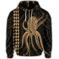 Hawaii Octopus KaKau Polynesian Zip Hoodie Gold - Polynesian Pride