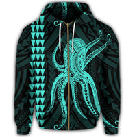 Hawaii Octopus KaKau Polynesian Zip Hoodie Turquoise - Polynesian Pride