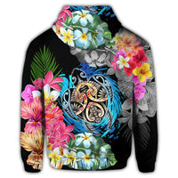 Hawaii Plumeria Hibiscus Wave Turtle Zip Hoodie - Polynesian Pride