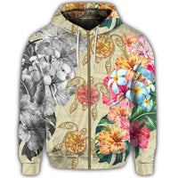 Hawaii Polynesian Flowers Swimming Turtles Zip Hoodie - Polynesian Pride