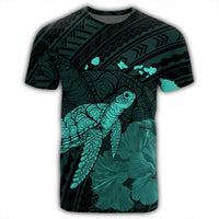 Hawaii Polynesian Hibiscus Turtle Map T Shirt Turquoise - Polynesian Pride