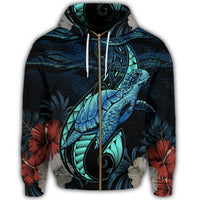 Hawaii Polynesian Honu Sea Hibiscus Zip Hoodie - Polynesian Pride