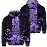 Hawaii Polynesian Zip Hoodie Pineapple Hibiscus Purple Unisex Art - Polynesian Pride