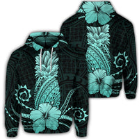 Hawaiian Polynesian Pineapple Hibiscus Hoodie Turquoise Unisex Art - Polynesian Pride