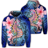 Hawaii Polynesian Pink Hibiscus Seahorse Zip Hoodie Unisex Art - Polynesian Pride
