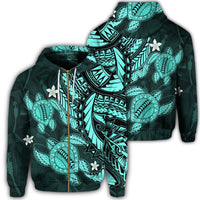 Hawaii Zip Hoodie Polynesian Turtle with Hibiscus Turquoise Unisex Art - Polynesian Pride