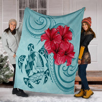 Hawaii Polynesian Turtle Hibiscus Blue Premium Blankets - Bless Style - AH - Polynesian Pride