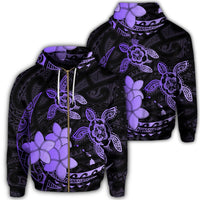 Hawaii Zip Hoodie Polynesian Turtle with Plumeria Pog Style Purple Unisex Art - Polynesian Pride