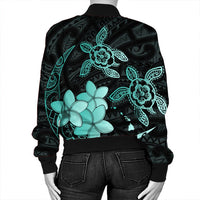 Hawaii Polynesian Turtle Plumeria Bomber Jacket - Pog Style Turquoise - AH - Polynesian Pride