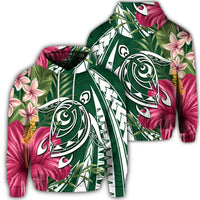 Hawaiian Polynesian Turtle Tropical Hibiscus Plumeria Hoodie Green Unisex Art - Polynesian Pride