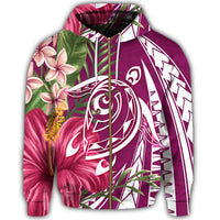 Hawaii Zip Hoodie Polynesian Turtle Tropical Hibiscus Plumeria Pink - Polynesian Pride