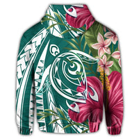 Hawaii Zip Hoodie Polynesian Turtle Tropical Hibiscus Plumeria Turquoise - Polynesian Pride
