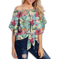Hawaii Seamless Floral Pattern With Tropical Hibiscus, Watercolor Women's Off Shoulder Wrap Waist Top - AH - Polynesian Pride