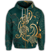 Hawaii Triple Marble Turtle Polynesian Hibiscus Zip Hoodie Benjamin Style Green - Polynesian Pride