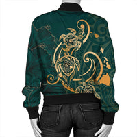 Hawaii Triple Marble Turtle Polynesian Hibiscus Bomber Jacket - AH - Benjamin Style - Green - Polynesian Pride