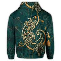 Hawaii Triple Marble Turtle Polynesian Hibiscus Zip Hoodie Benjamin Style Green - Polynesian Pride