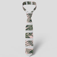 Hawaii Tropical Dark Green Leaves Seamless Pattern White Stripes Pink Background Necktie - Polynesian Pride