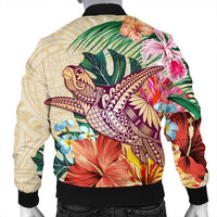 Hawaii Tropical Hibiscus Turtle Beige Bomber Jacket - AH - Polynesian Pride