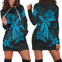 Hawaii Turtle Flower Polynesian Hoodie Dress - Turquoise - AH Black - Polynesian Pride