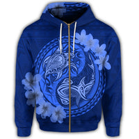 Hawaii Yin Yang Turtle Shark Hibiscus Plumeria Zip Hoodie Blue - Polynesian Pride